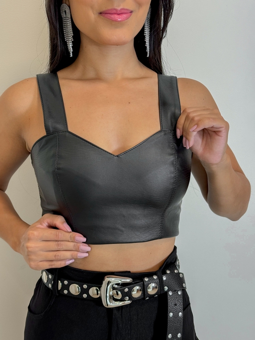 Cropped Couro Fake Preto - Loja La Mina 