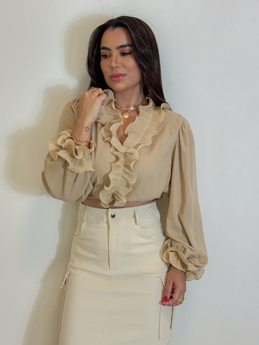 Blusa Babado Chiffon Cappuccino - Loja La Mina 
