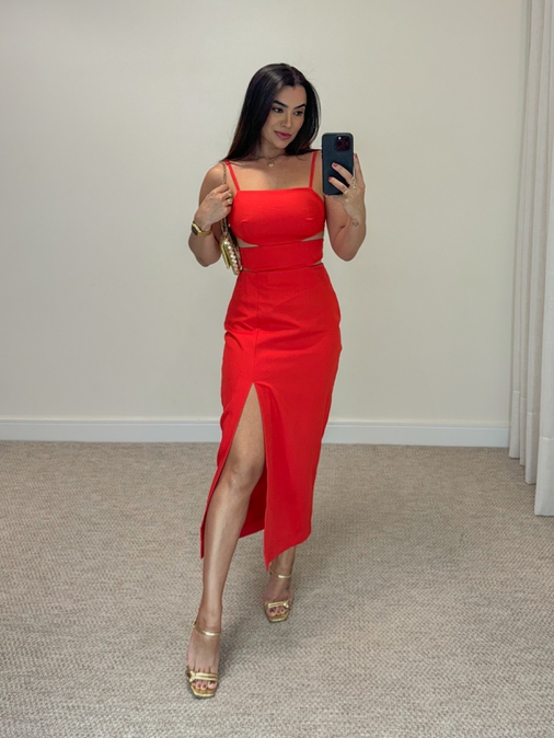 Vestido Midi Fenda Nancy Vermelho - Loja La Mina 