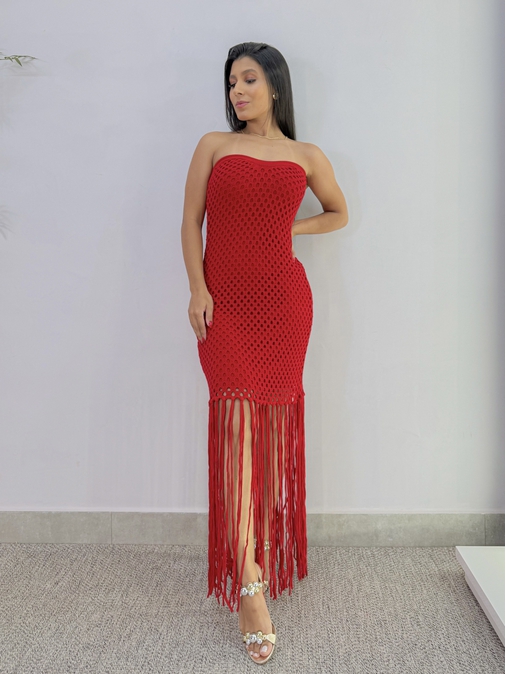 Vestido Tricot Franja Vermelho - Loja La Mina 