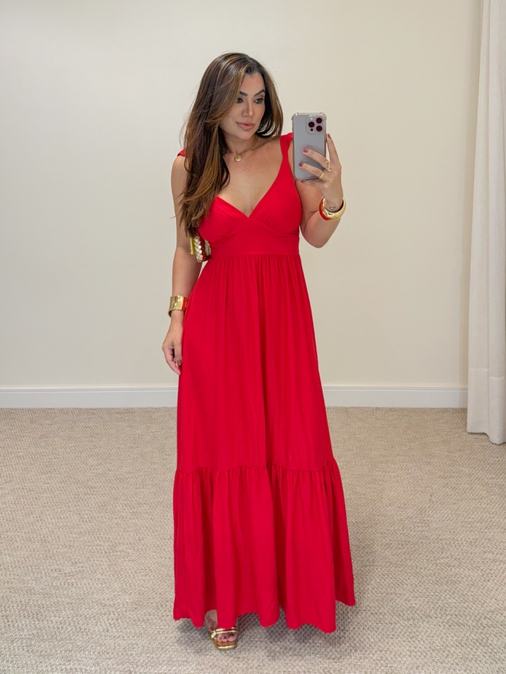 Vestido Alça Babado Barcelona Vermelho - Loja La Mina 