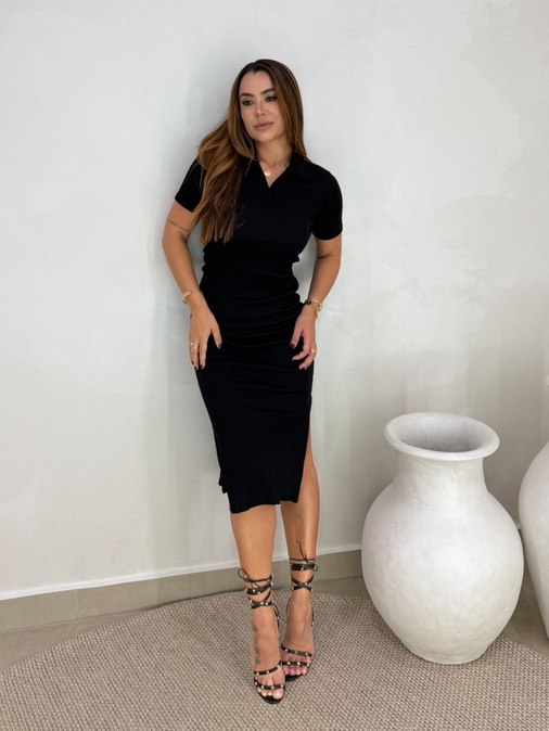 Vestido Canelado Gola Polo Preto - Loja La Mina 