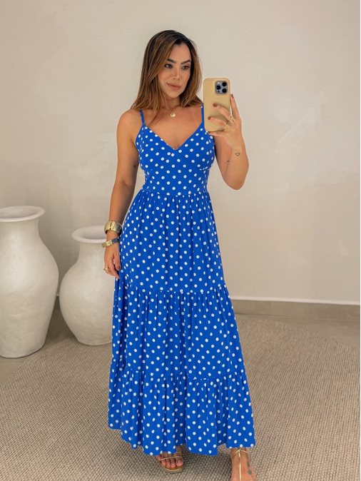 Vestido Midi Atenas Poá Azul - Loja La Mina 