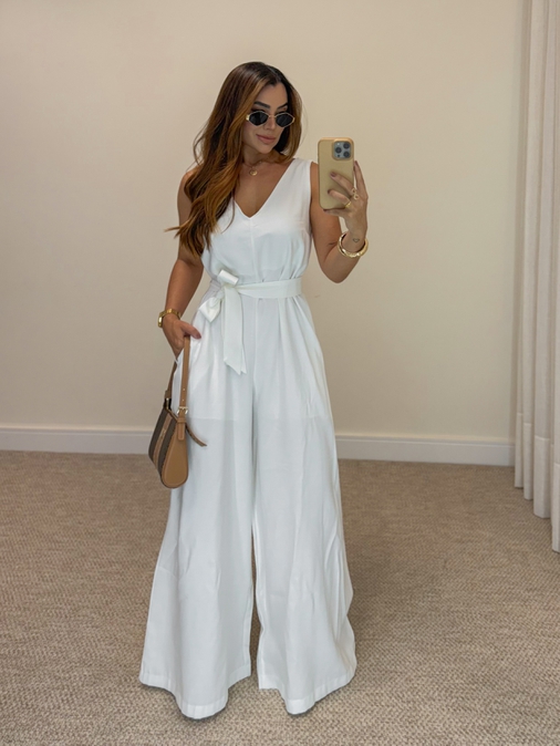 Macacão Pantalona Viena Branco - Loja La Mina 