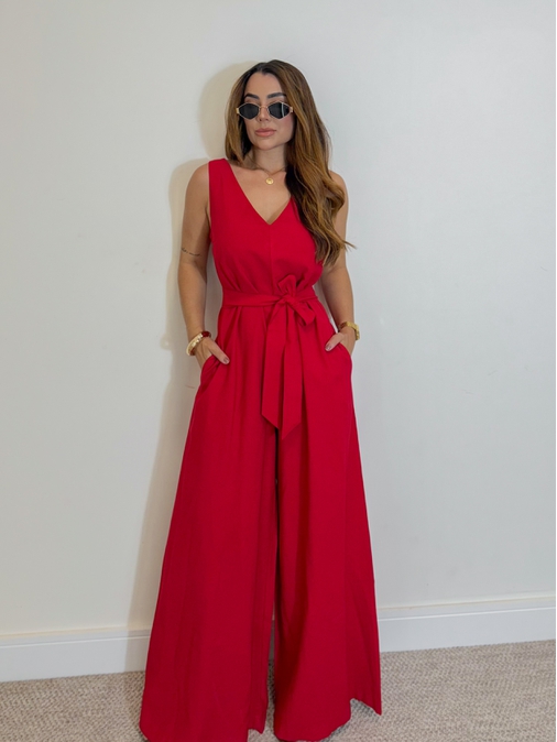 Macacão Pantalona Viena Vermelho - Loja La Mina 