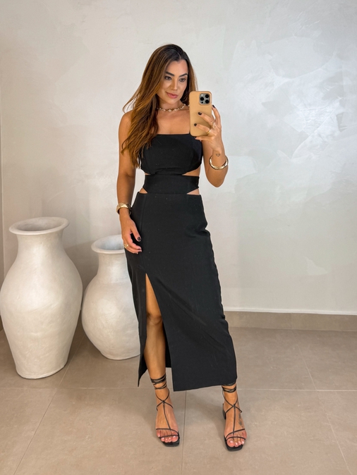 Vestido Midi Fenda Nancy Preto - Loja La Mina 