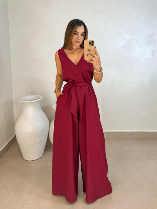 Macacão Pantalona Viena Cereja - Loja La Mina 