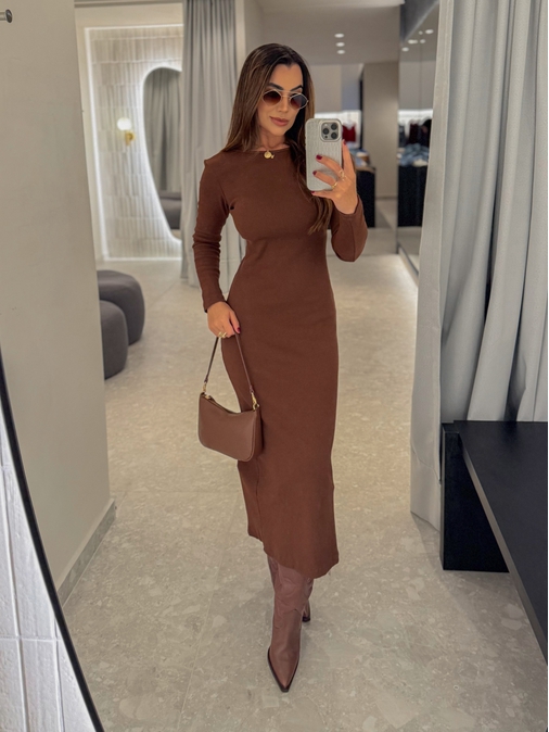 Vestido Canelado Lorena Café - Loja La Mina 