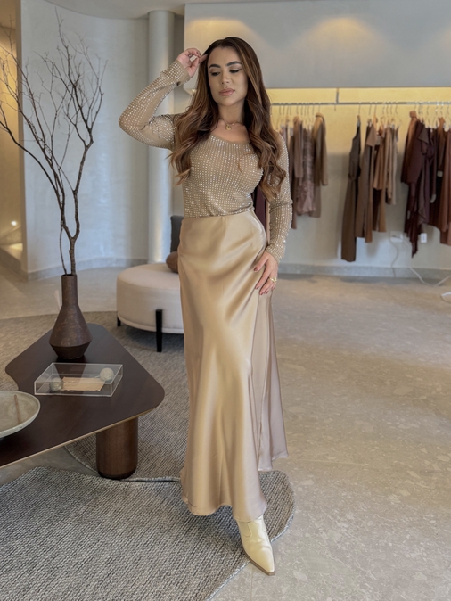 Saia Midi Cetim Lauane Cappuccino - Loja La Mina 