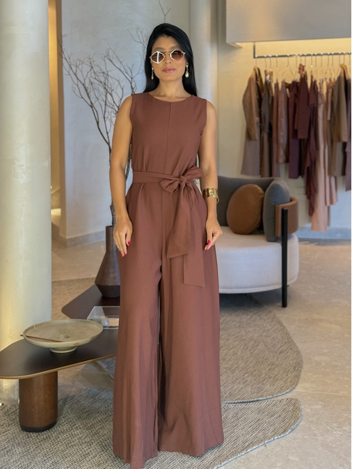 Macacão Pantalona Mônica Marrom - Loja La Mina 