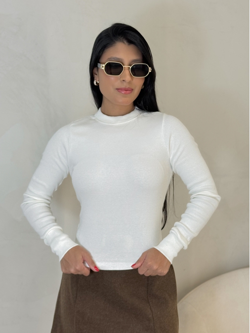 Blusa Manga Longa Canelada Off - Loja La Mina 