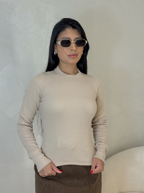 Blusa Manga Longa Canelada Areia - Loja La Mina 