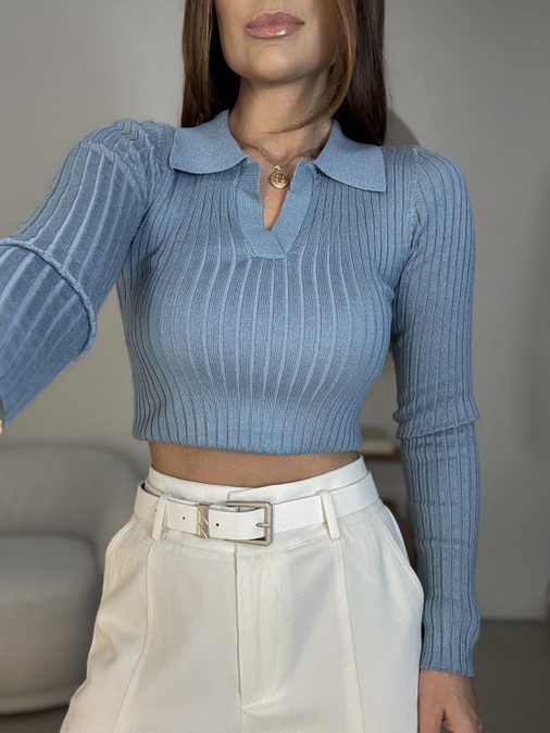 Blusa Tricot Gola Polo Azul - Loja La Mina 