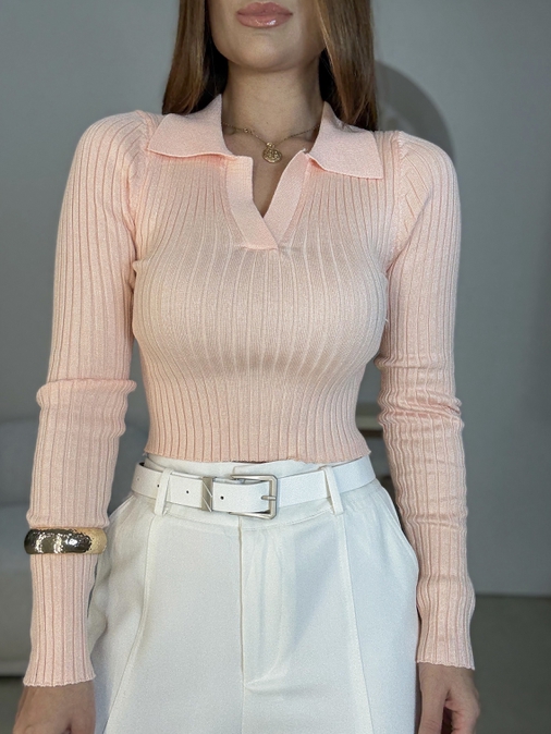 Blusa Tricot Gola Polo Salmão - Loja La Mina 