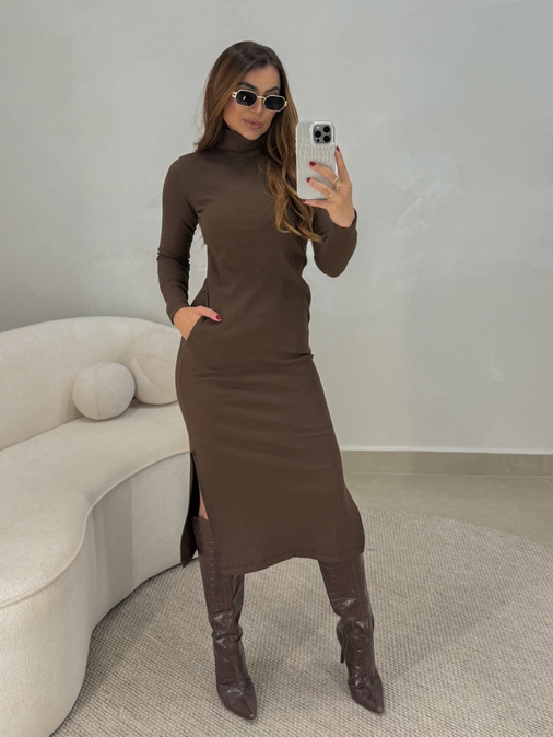 Vestido Canelado Madrid Café - Loja La Mina 