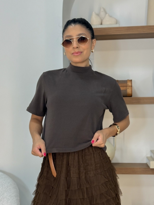 Blusa Manguinha Aveludada Café - Loja La Mina 