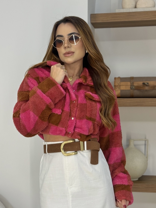 Jaqueta Cropped Xadrez Rosa - Loja La Mina 