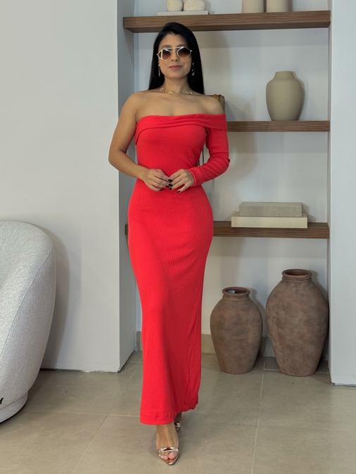 Vestido Longo Canelado Vermelho - Loja La Mina 