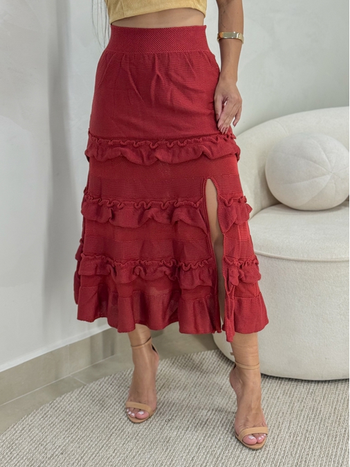 Saia Midi Tricot Babado Vermelho - Loja La Mina 