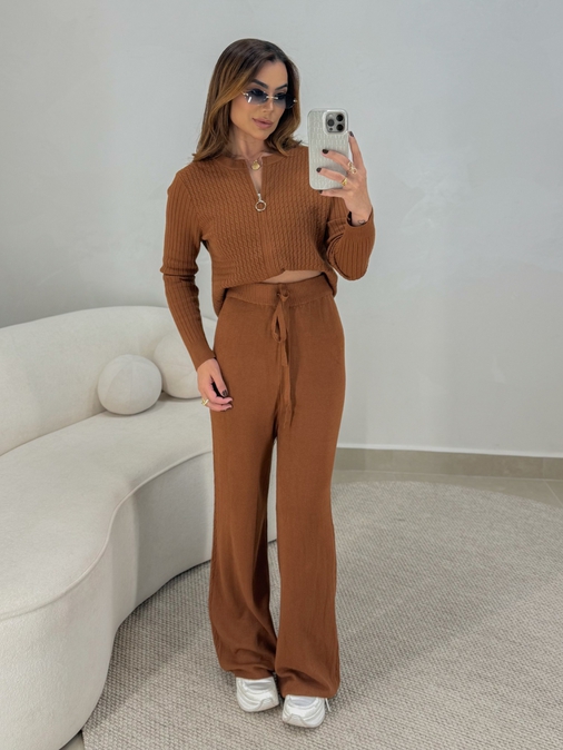 Conjunto Tricot Zíper Germana Telha - Loja La Mina 