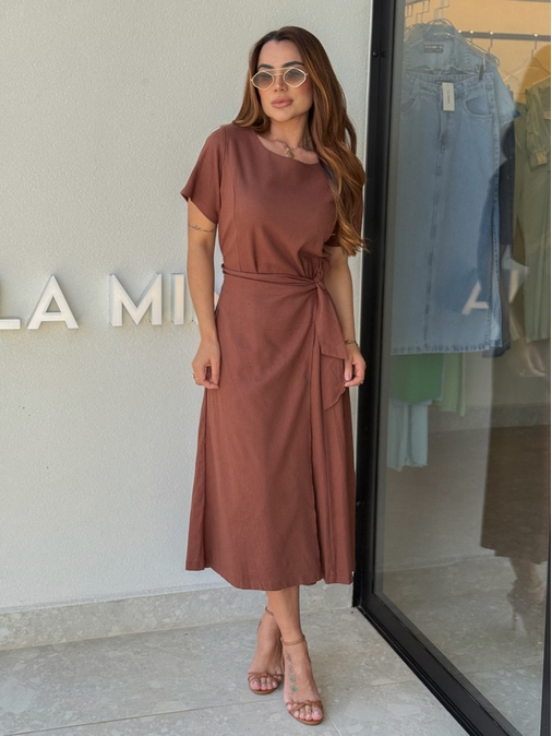 Vestido Linho Manguinha Amara Café - Loja La Mina 