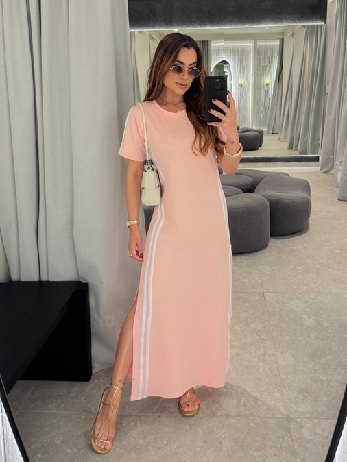 Vestido Manguinha Listra Rosa - Loja La Mina 