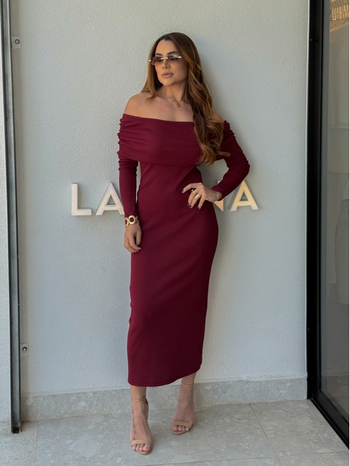 Vestido Canelado Ombro a Ombro Cereja - Loja La Mina 
