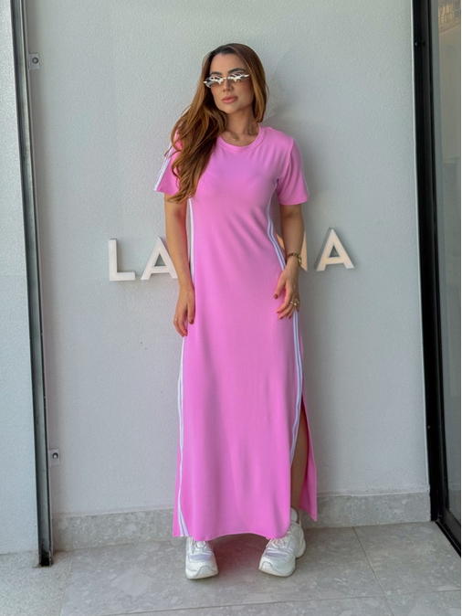 Vestido Manguinha Listra Rosa Barbie - Loja La Mina 