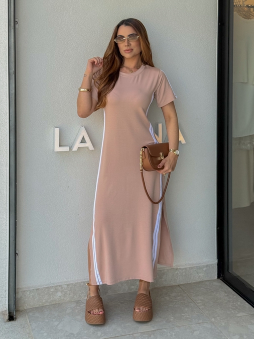 Vestido Manguinha Listra Cappuccino - Loja La Mina 