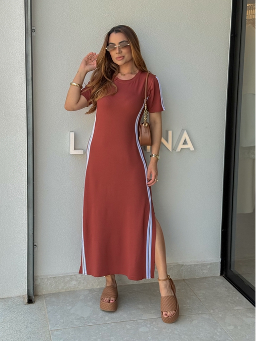 Vestido Manguinha Listra Telha - Loja La Mina 