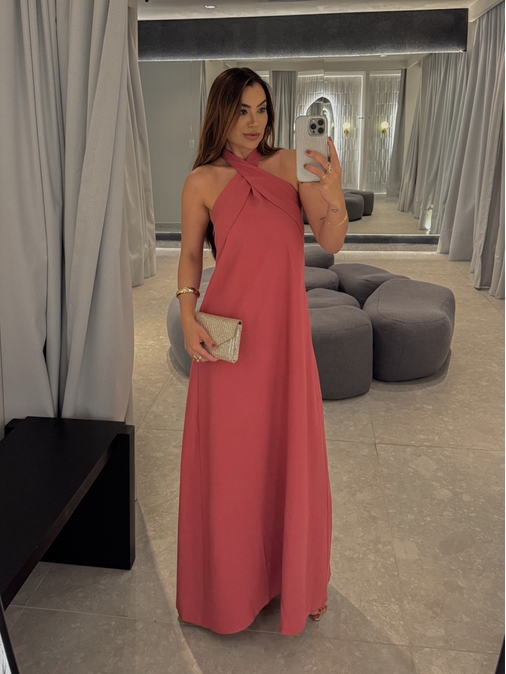 Vestido Midi Frente Única Melina Goiaba - Loja La Mina 