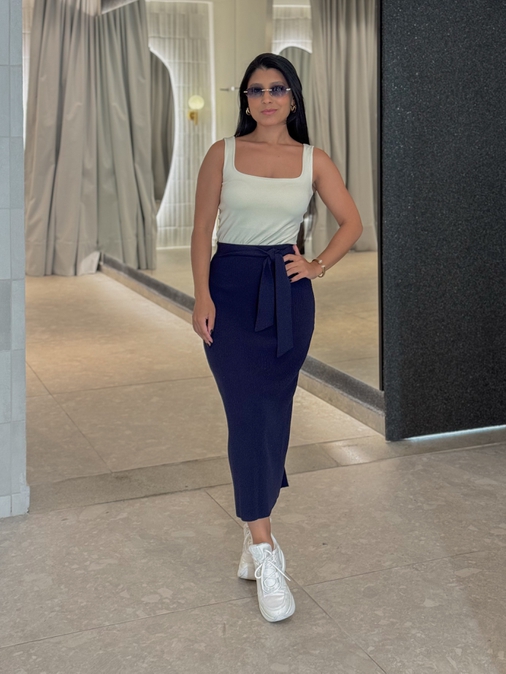 Saia Midi Tricot Lilly Marinho - Loja La Mina 