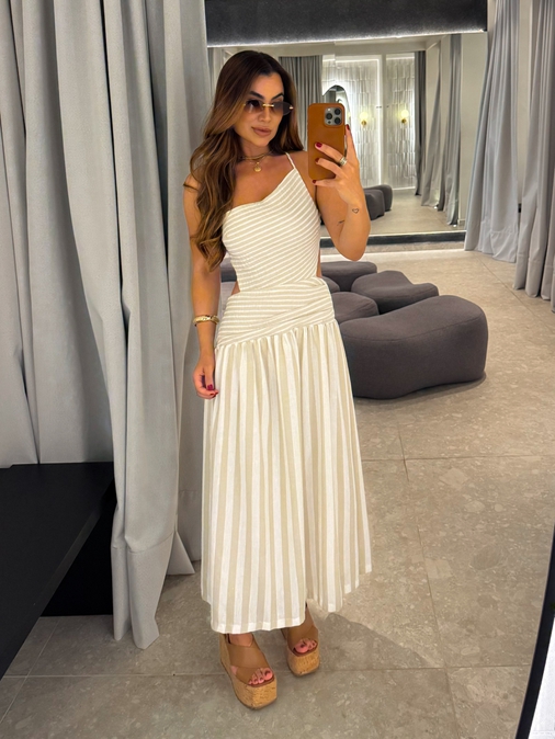 Vestido Midi Listrado Giane Nude - Loja La Mina 