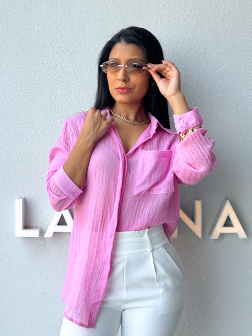 Camisa Viscolinho Aline Rosa - Loja La Mina 