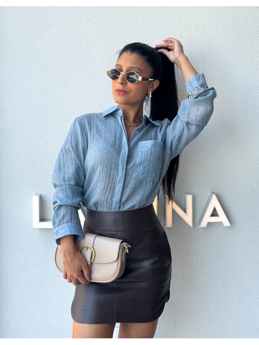 Camisa Viscolinho Aline Azul Jeans - Loja La Mina 