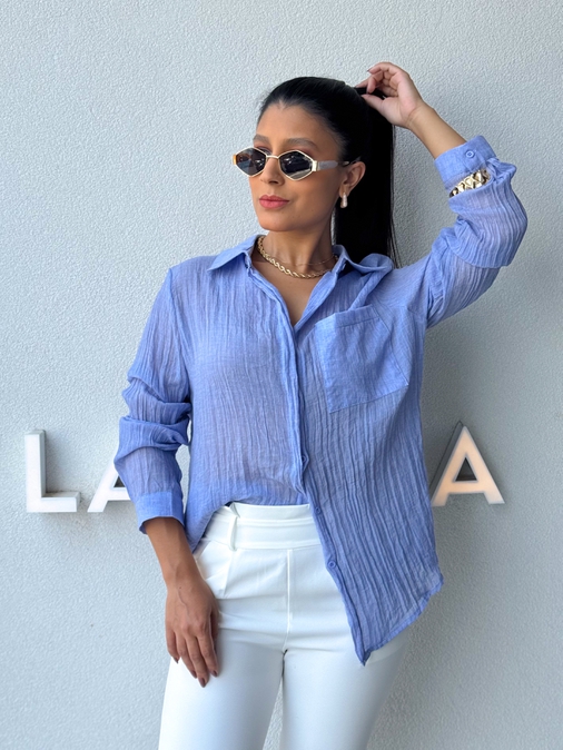 Camisa Viscolinho Aline Azul Claro - Loja La Mina 