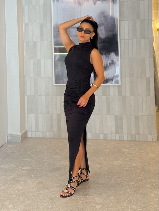 Vestido Midi Franzido Suplex Preto - Loja La Mina 