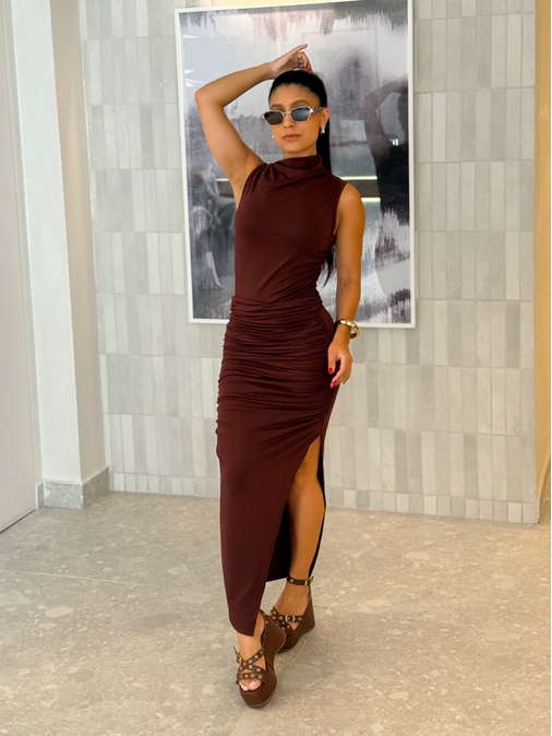 Vestido Midi Franzido Suplex Café - Loja La Mina 