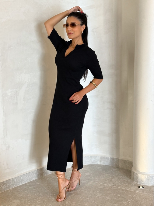 Vestido Canelado Gola Polo Tais Preto - Loja La Mina 