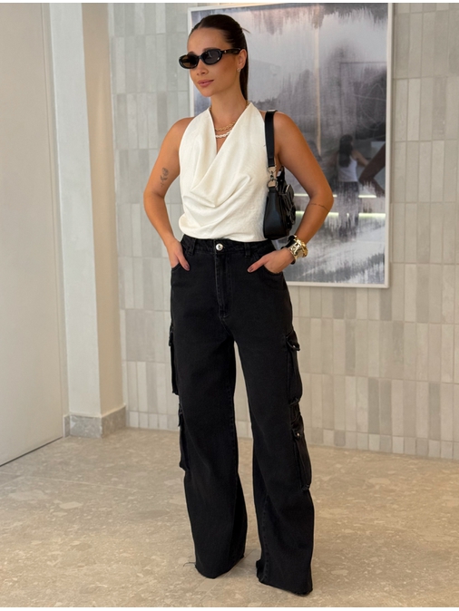 Calça Cargo Jeans Black Ariana - Loja La Mina 