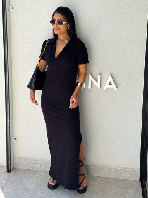 Vestido Tricot Gola Polo Aurora Preto - Loja La Mina 