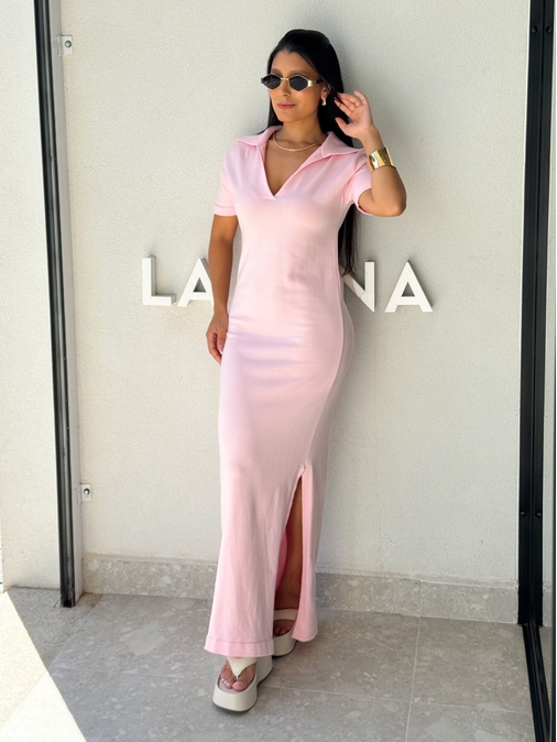 Vestido Tricot Gola Polo Aurora Rosa - Loja La Mina 