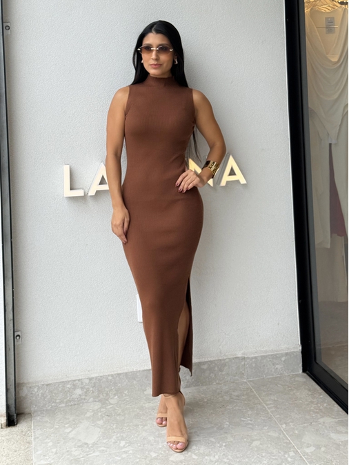 Vestido Midi Tricot Simone Café - Loja La Mina 