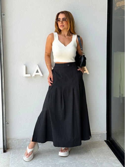 Saia Midi Linho Val Preta - Loja La Mina 