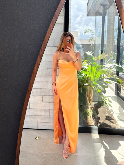 Vestido Acetinado Gabi Aperol - Loja La Mina 