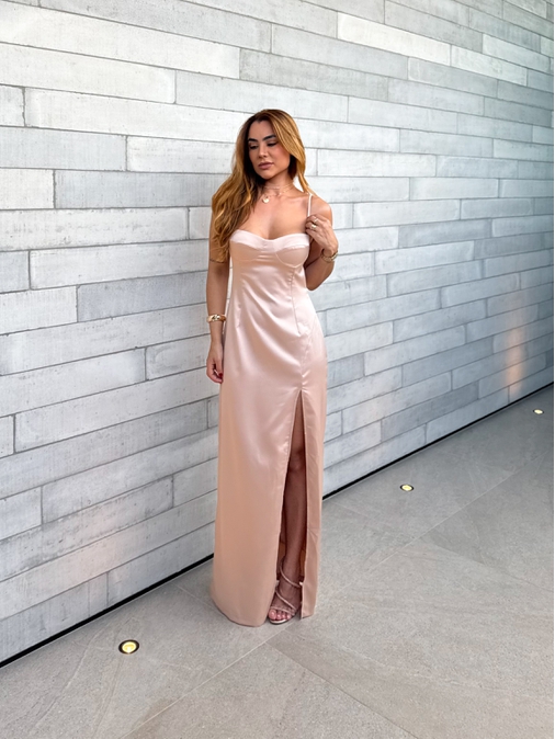 Vestido Acetinado Gabi Champagne - Loja La Mina 