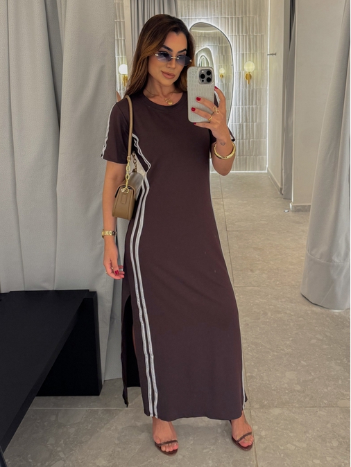 Vestido Manguinha Listra Café - Loja La Mina 