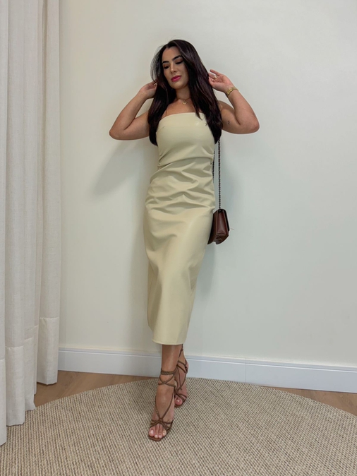 Vestido Midi Couro Fake Areia - Loja La Mina 