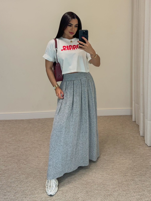 Saia Midi Mousse Agatha Cinza - Loja La Mina 