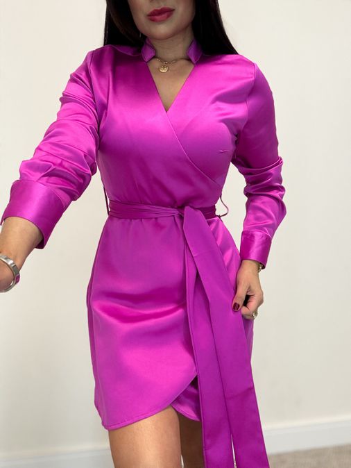 Vestido Manga Longa Acetinado Pink - Loja La Mina 